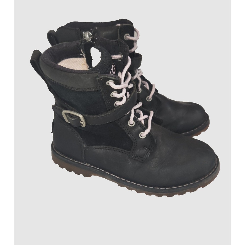 UGG Leather Koren Boots Girls 10 Youth Black w/Pink Laces + Zip Ankle Combat